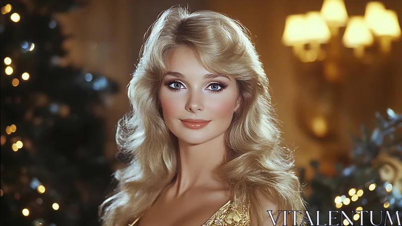 Elegant blonde woman glows amid warm festive evening lights