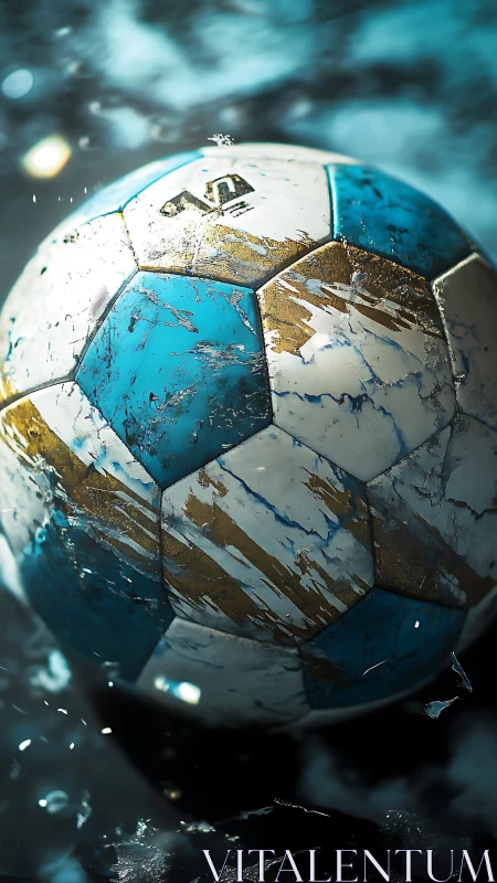 Weathered teal soccer ball suspended in dramatic splash lighting.