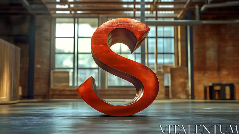 Large metallic S sculpture stands in industrial loft space