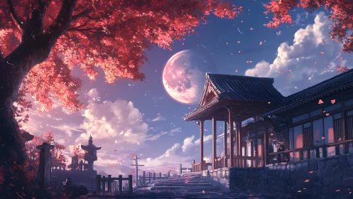 Traditional Japanese temple walkway under large pink moon