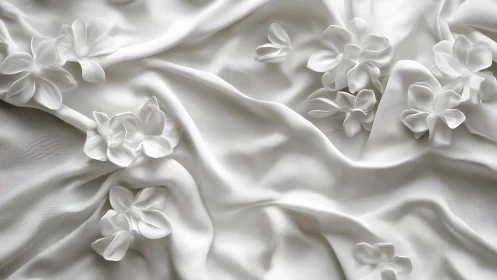 Delicate white flowers bloom gracefully on luxurious silk fabric