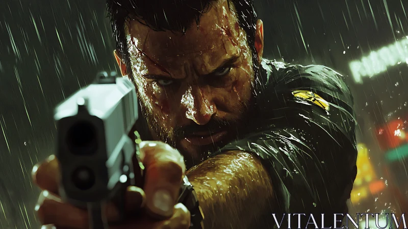 Determined gunman aims forward under heavy neon rain