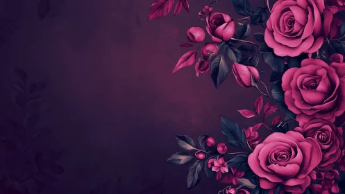 Pink Roses on Dark Purple Background Floral Design