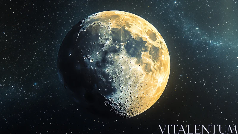 Lunar terminator detail under golden sidelight in deep space.