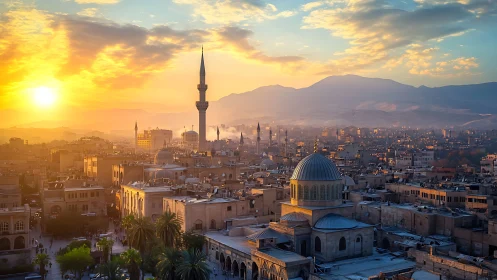 Urban skyline with mosque domes under low sun at horizon