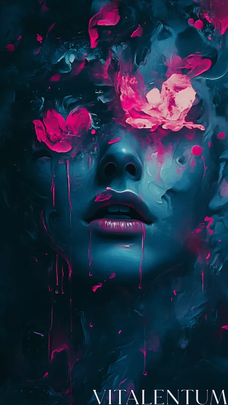 Dreamlit petals drifting over a midnight painted face.