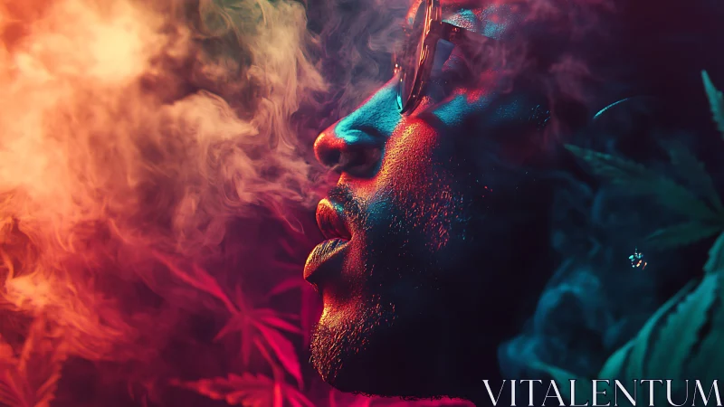 Side-lit male profile in neon haze with cannabis foliage glow