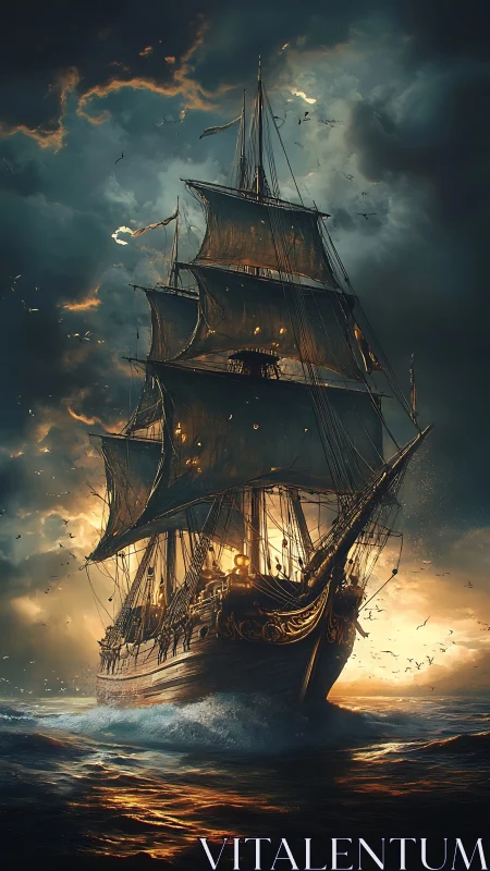 Storm-lit galleon cuts blazing path through dark sea.