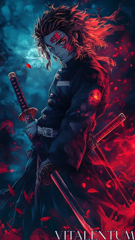 Anime swordsman amid dual-tone inferno and frost field.