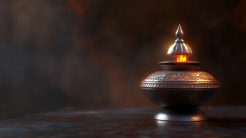 Ornate brass censer cradles a lone flame in velvet shadow.