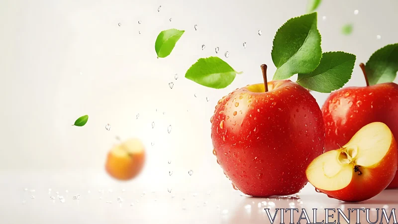 Photorealistic red apples with water droplets on white ground.