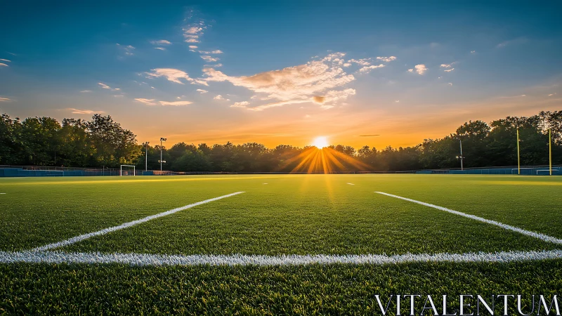 Synthetic turf gridiron at golden hour under clear sky.