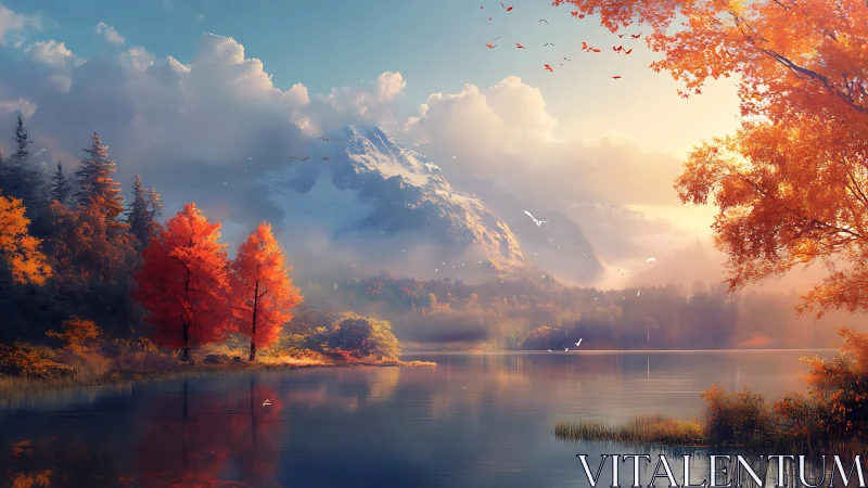 Mountain lake landscape with autumn trees and distant peaks.