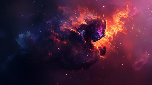 Fiery cosmic warrior figure in swirling nebula colors.
