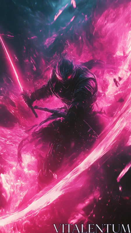 Neon warrior in dark armor swings glowing energy blade.