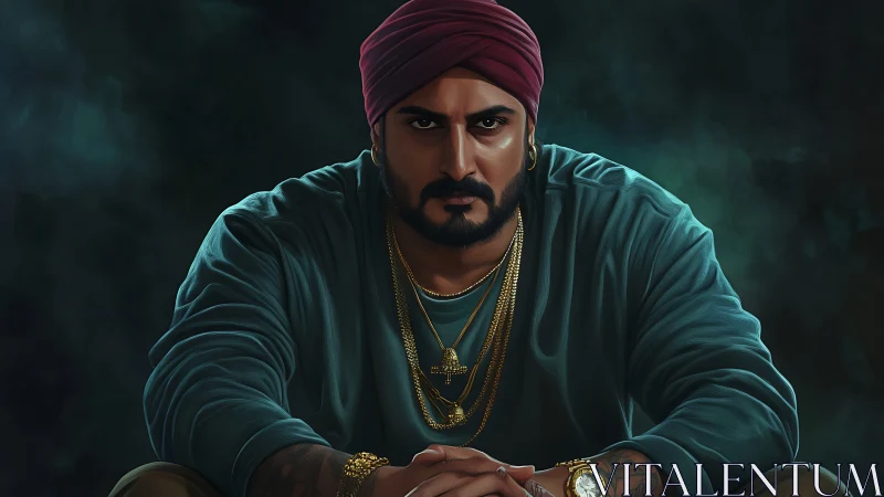 Intense turbaned man in teal sweatshirt under moody light.
