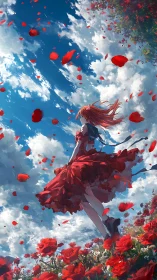 Red haired girl in poppy field gazes into a windswept sky