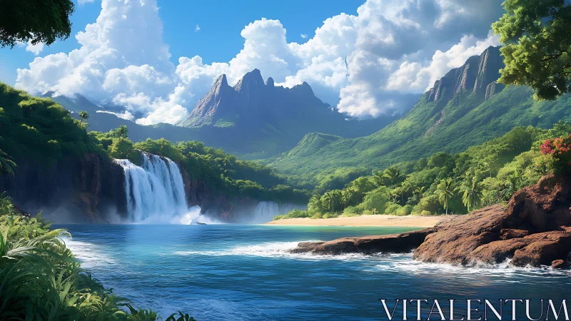 Coastal rainforest bay with waterfalls and mountain ridge.