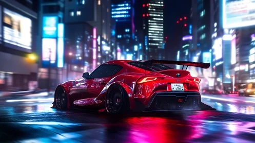 Midnight red sports car glows along a neon city street