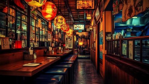 Lantern-lit ramen alley glowing with midnight neon warmth.