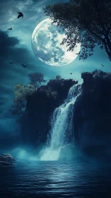 Moonlit waterfall under large glowing full moon at night.