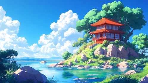 Lakeside red pagoda on rocky islet under cumulus sky, daylight