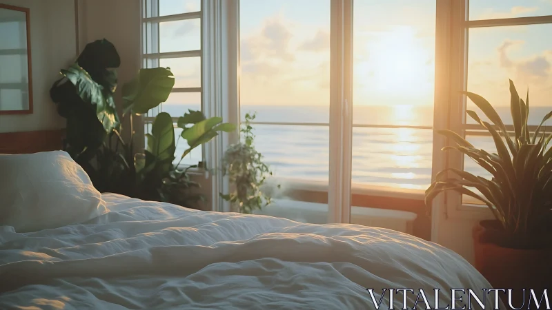 Sunlit ocean bedroom where houseplants guard soft dreams.