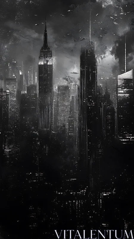 Monochrome dystopian skyline shrouded in storm clouds.
