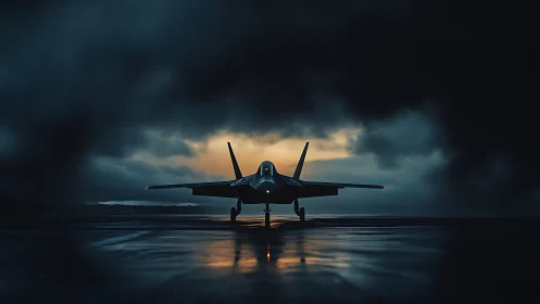 Stealth jet poised on wet runway under stormbreak dawn.