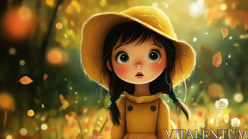 Wide eyed girl in yellow raincoat amid soft focus autumn bokeh