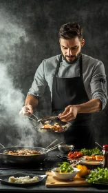 Male cook preparing seafood in pans in studio kitchen scene.