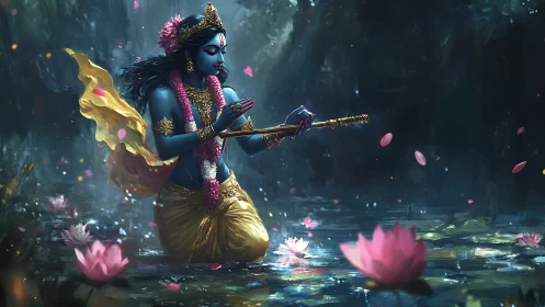 Krishna with flute in lotus pond under soft evening light.