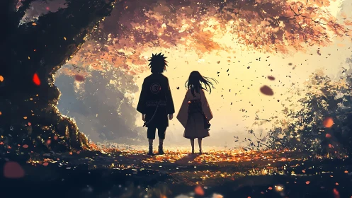 Backlit anime silhouettes beneath autumn canopy in warm haze