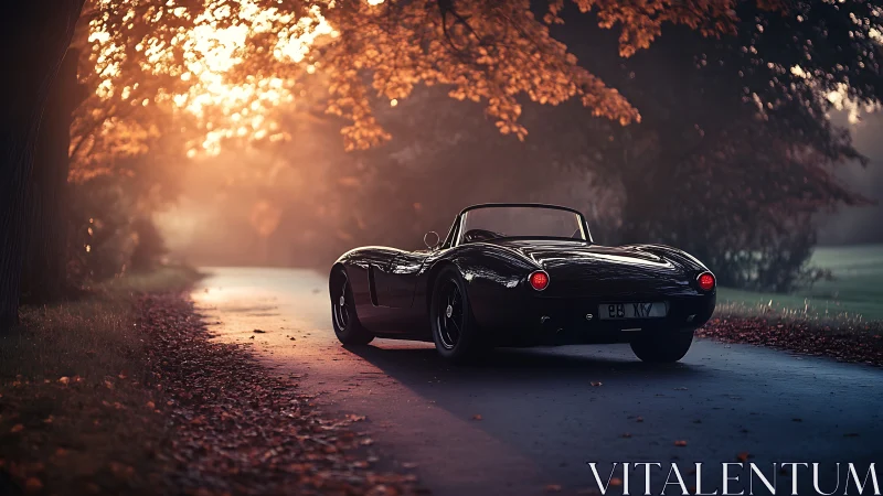 Vintage black roadster is parked on a tree-lined roadway