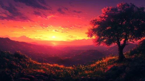 Solitary hillside tree overlooks radiant valley sunset sky