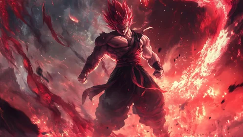 Fiery warrior ascends amid swirling crimson inferno storm.