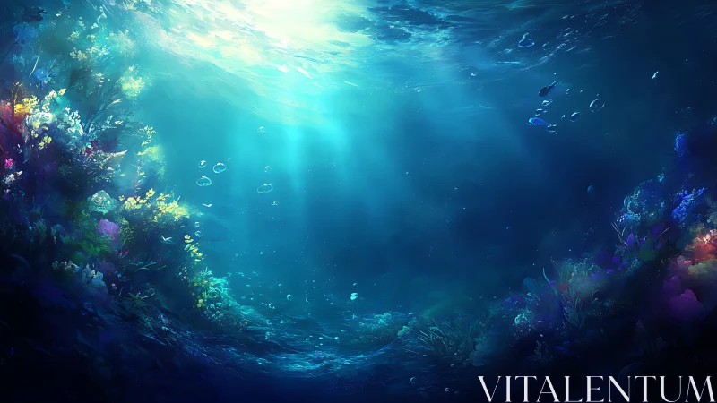 Sunlit underwater reef with colorful marine corals.