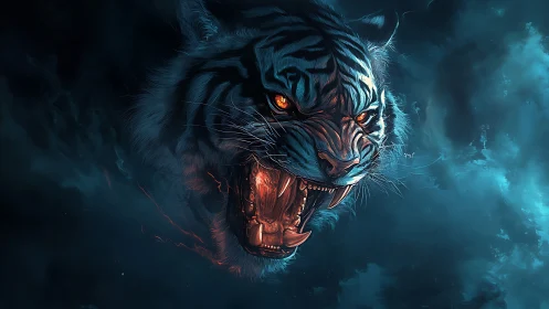 Digital rendering of snarling tiger head in blue mist.