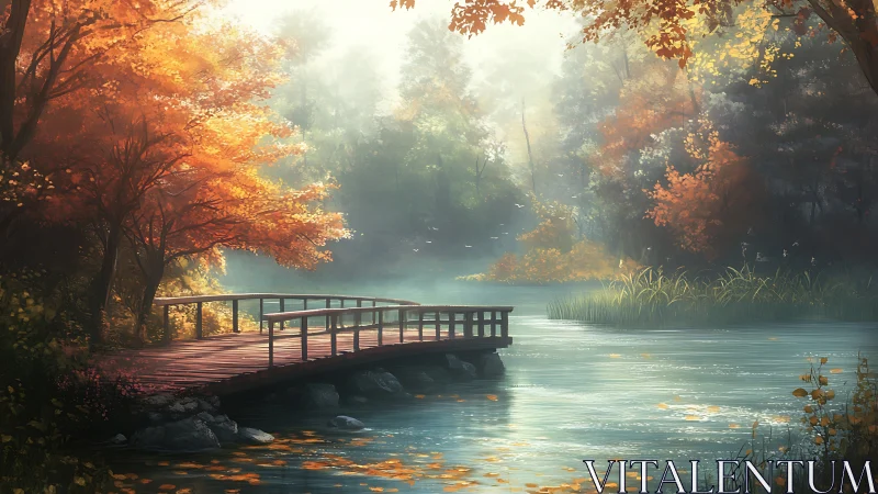 Wooden bridge over calm autumn lake in soft morning light.