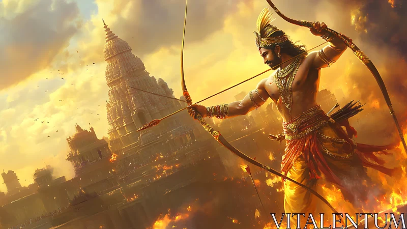 Heroic archer unleashes flaming arrow over burning temple city.