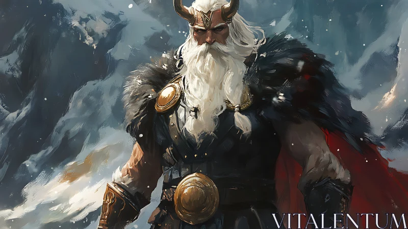 Storm-crowned Viking warlord strides through painted winter rage.