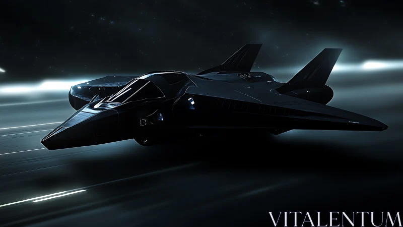 Stealth starfighter streaks through deep space corridor.