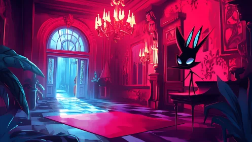 Stylized corridor interior with creature and blue backlight.