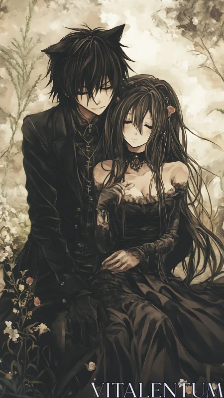 Nocturne lovers breathe softly in sepia garden hush