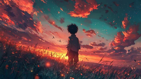 Backlit silhouette observes high-saturation sunset cloudscape motion