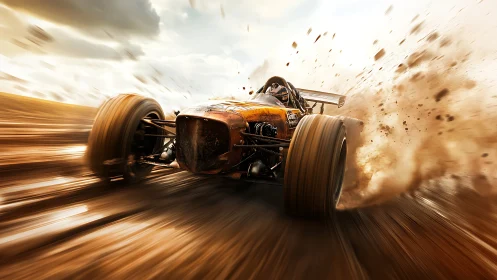 Dusty off road racer charging ahead with thrilling speed.