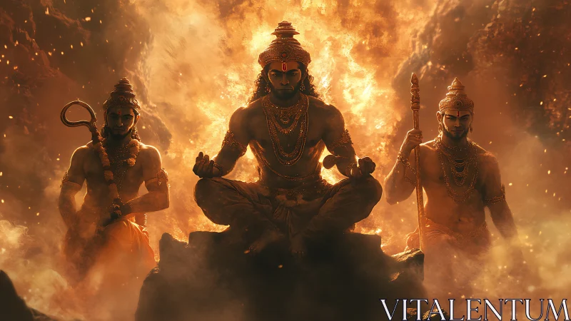 Fiery guardians in meditative stillness among swirling embers.