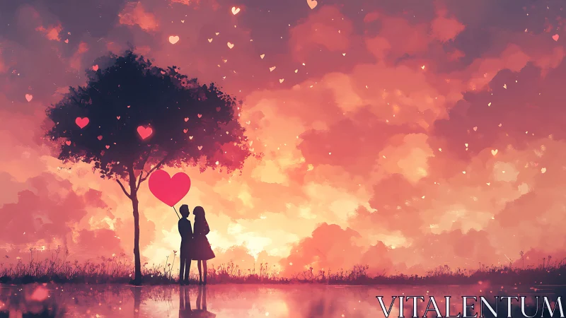 Silhouetted figures beneath love tree with heart-shaped floating particles during warm sunset gradie