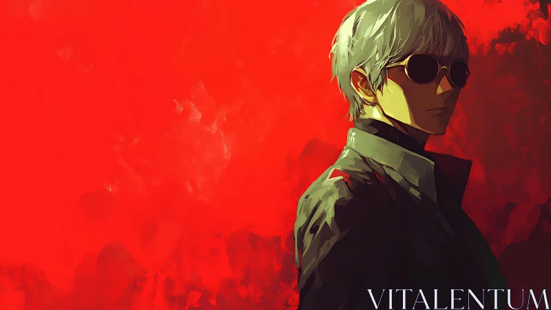 Male figure in sunglasses against vivid red backdrop.