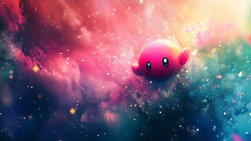 Chromatic nebula environment renders glossy pink orb mascot in space
